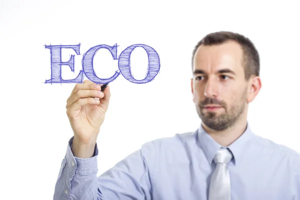 Eco - Jungunternehmer schreibt blauen Text auf transparente Oberfläche — Stockfoto