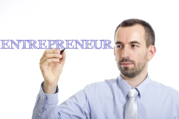 ENTREPRENEUR - Young businessman writing blue text on transparent surface — Stock Photo, Image