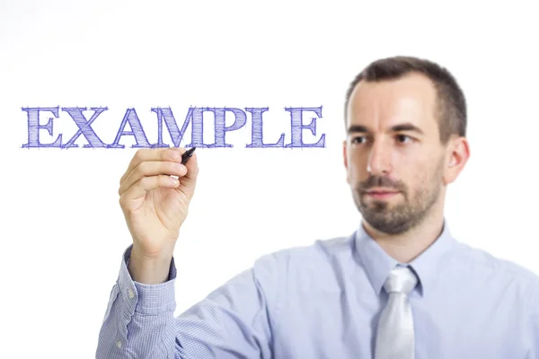 EXAMPLE - Young businessman writing blue text — Stockfoto