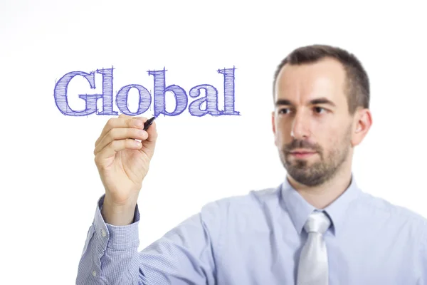 Global - junger Geschäftsmann schreibt blauen Text — Stockfoto