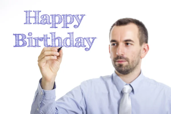 Gelukkige verjaardag - jonge zakenman blauwe tekst schrijven — Stockfoto