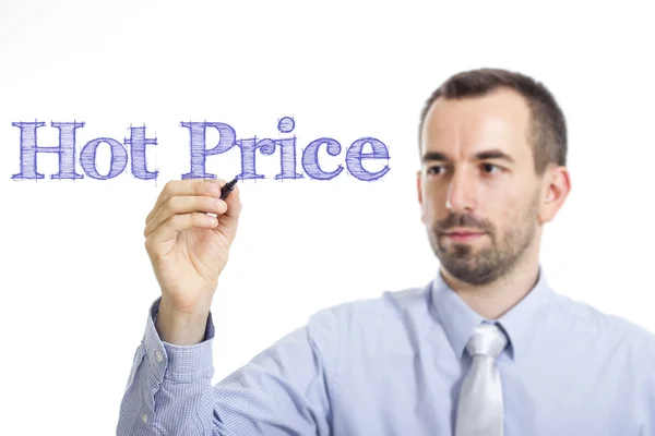 Hot Price - Jovem empresário escrevendo texto azul — Fotografia de Stock