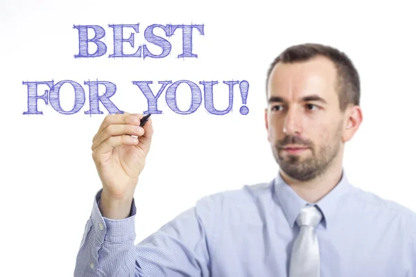 BEST FOR YOU! - Young businessman writing blue text on transparent surface — Φωτογραφία Αρχείου