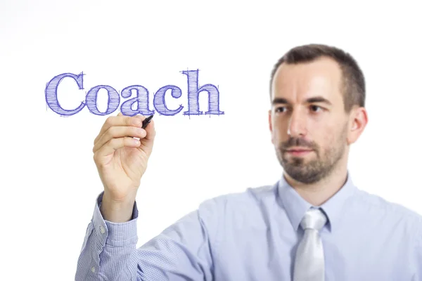 Coach - átlátszó felületre kék szöveg írása fiatal üzletember — Stock Fotó