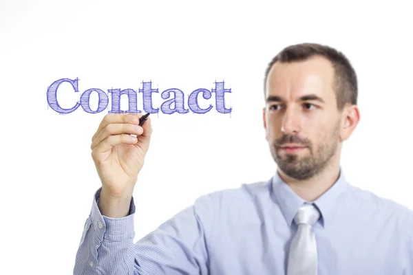 Contact - Jungunternehmer mit blauem Text — Stockfoto