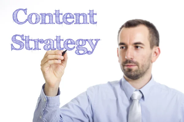 Estratégia de conteúdo - Jovem empresário com texto azul — Fotografia de Stock