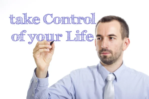 Neem controle van uw leven - jonge zakenman met blauwe tekst — Stockfoto
