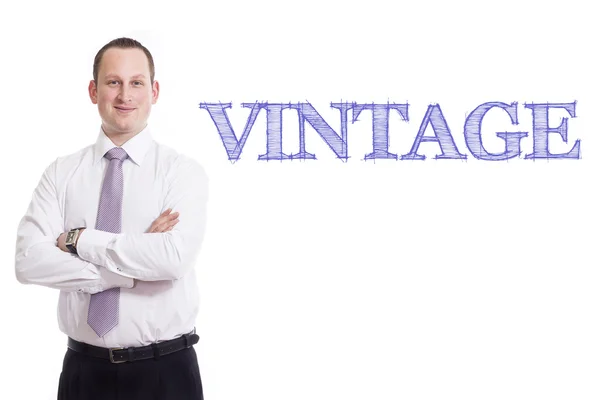 VINTAGE  - Young businessman with blue text — Stock Photo, Image