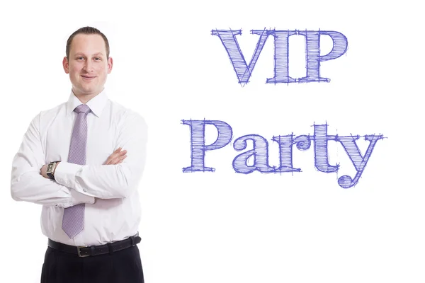 VIP Party  - Young businessman with blue text — Stock Photo, Image