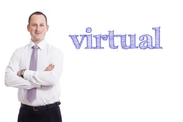 Virtual  - Young businessman with blue text — Stock Photo, Image