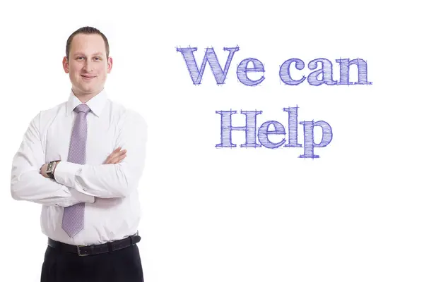 Wir können helfen - Jungunternehmer mit blauem Text — Stockfoto