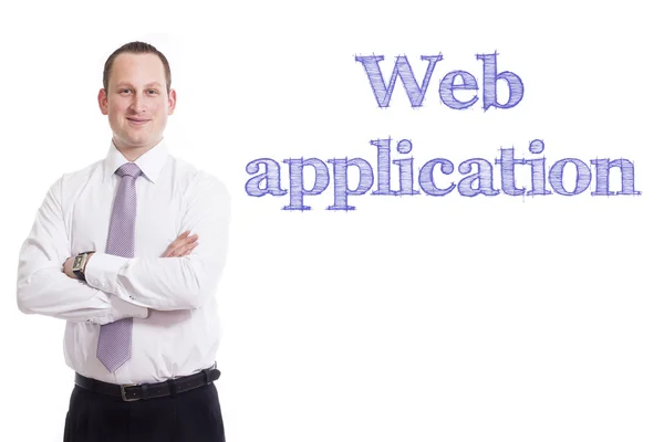 Web application  - Young businessman with blue text — Stock Photo, Image