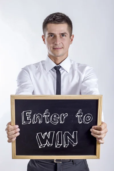 Adja meg a Win - fiatal üzletember gazdaság chalkboard — Stock Fotó