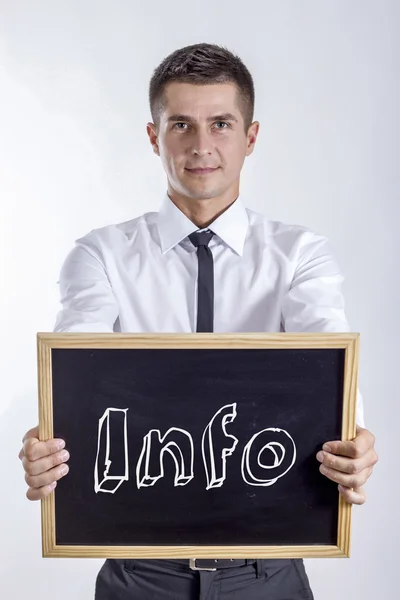 Informace - mladý podnikatel drží tabuli — Stock fotografie