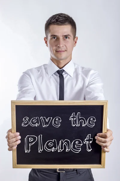 Save the Planet - Young businessman holding chalkboard — Stock Photo, Image