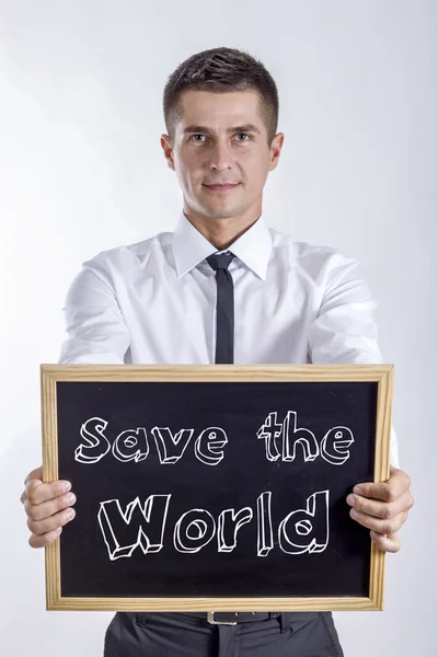 Salvar o mundo - Jovem empresário segurando quadro — Fotografia de Stock