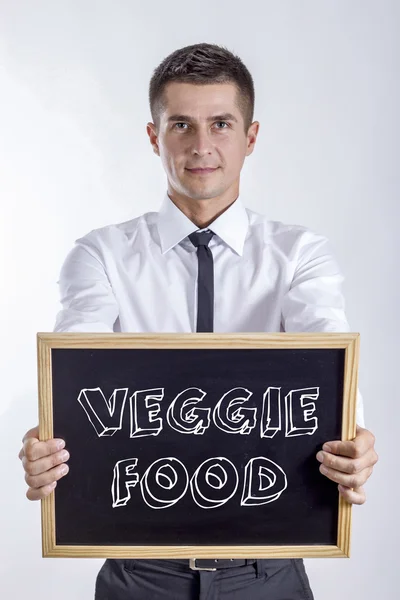 野菜食品 - 黒板を保持している青年実業家 — ストック写真