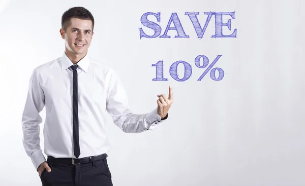 Spara 10 procent - Young leende affärsman pekar på text — Stockfoto