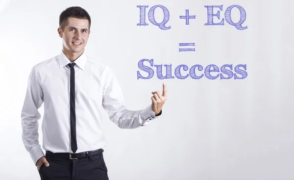 IQ + EQ Success - молодий усміхнений бізнесмен вказує на текст Ліцензійні Стокові Фото