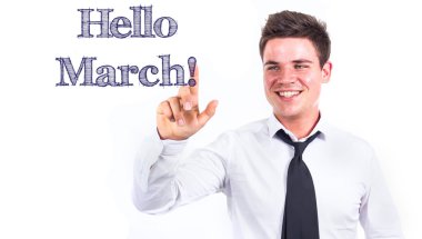 Merhaba Mart! -Metne temas genç gülümseyen iş adamı