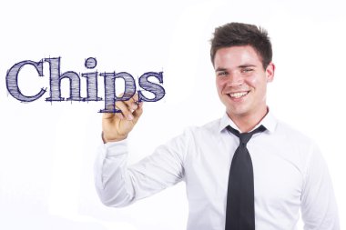 Cips - yazma genç gülümseyen iş adamı