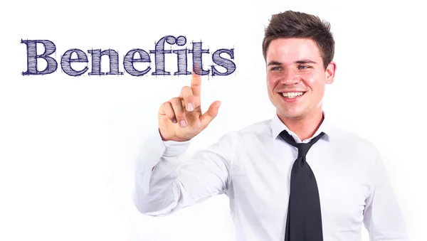 Benefits - Young smiling businessman touching text — Stock Photo, Image