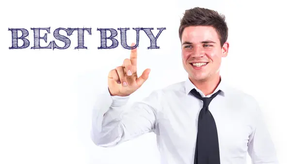 Najlepiej kupić - młody uśmiechający się biznesmen wzruszający tekst — Zdjęcie stockowe