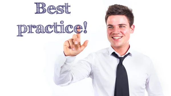 Best Practice! - junger lächelnder Geschäftsmann rührt Text an — Stockfoto