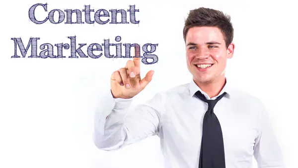 Content Marketing - Young leende affärsman röra text — Stockfoto