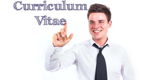 Curriculum Vitae - jonge lachende zakenman raakt tekst — Stockfoto