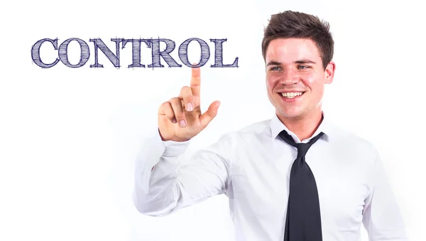 Kontrola - mladý usmívající se podnikatel dotýká text — Stock fotografie