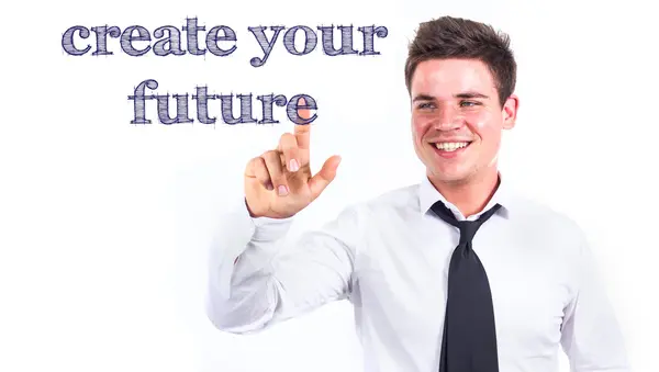Crie seu futuro - Jovem sorridente empresário tocando texto — Fotografia de Stock