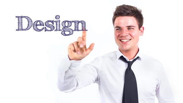 Дизайн - Молодий усміхнений бізнесмен торкається тексту — стокове фото