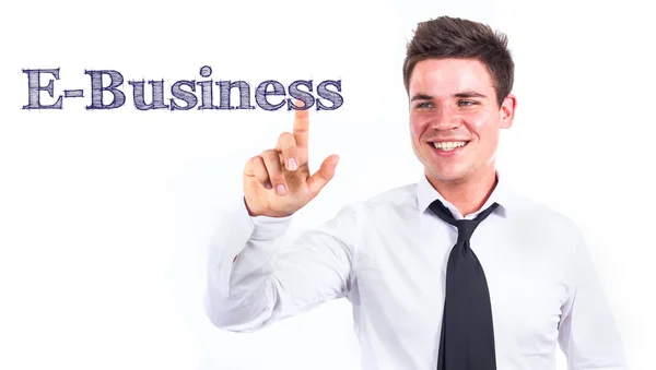 E-Business - Giovane uomo d'affari sorridente testo toccante — Foto Stock