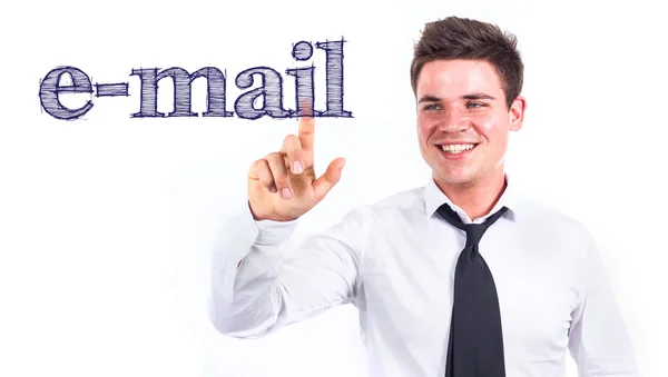 E-mail-mladý, usměvavý obchodník dotýká text — Stock fotografie
