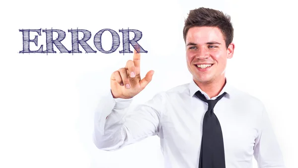 ERROR - Jovem empresário sorridente que toca texto — Fotografia de Stock