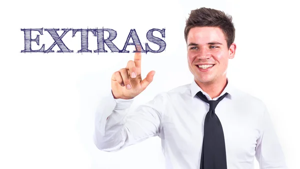 EXTRAS - Jovem empresário sorridente tocando texto — Fotografia de Stock