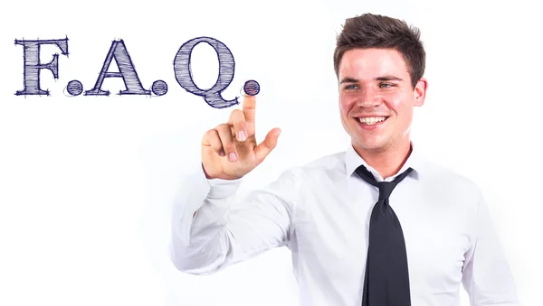F.A.Q. - Jovem sorridente empresário tocando texto — Fotografia de Stock