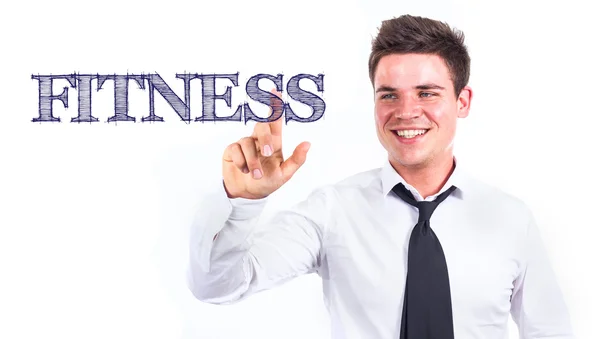 Fitness - junger lächelnder Geschäftsmann rührt Text an — Stockfoto