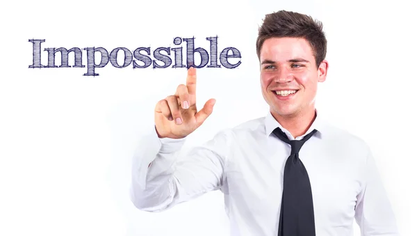 Impossible - jonge lachende zakenman raakt tekst — Stockfoto