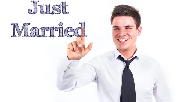 Just Married - Young smiling businessman touching text — Stock Photo, Image