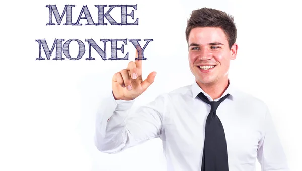 ДЕНЕГ - Молодой улыбающийся бизнесмен трогает текст — стоковое фото