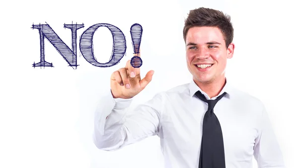 Ne! -Mladý usmívající se podnikatel dotýká text — Stock fotografie