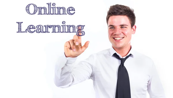 Online leren - Young glimlachend zakenman raakt tekst — Stockfoto