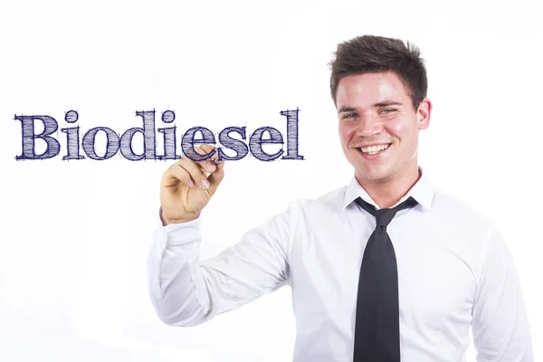 Biodiesel - junger lächelnder Geschäftsmann schreibt — Stockfoto