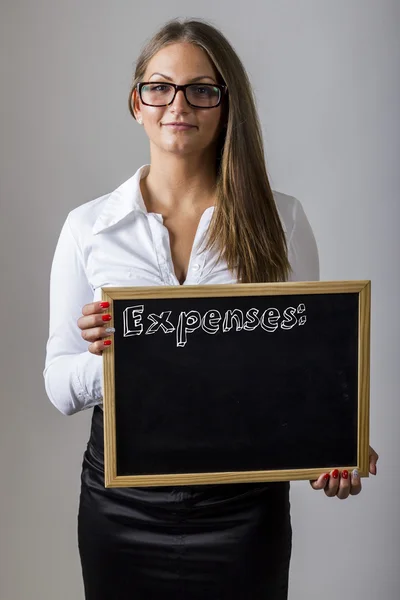 Výdaje: - mladá podnikatelka drží tabule s textem — Stock fotografie