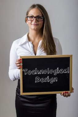 Technological Design - Young businesswoman holding chalkboard wi