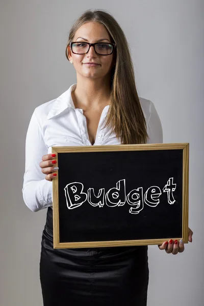 Haushalt - junge Geschäftsfrau hält Tafel mit Text — Stockfoto