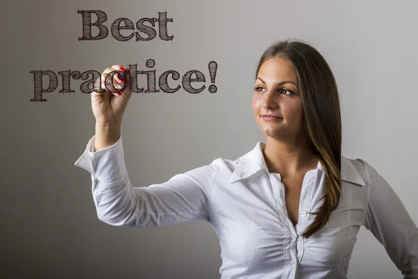 Best practice! - Beautiful girl writing on transparent surface — Stock Photo, Image