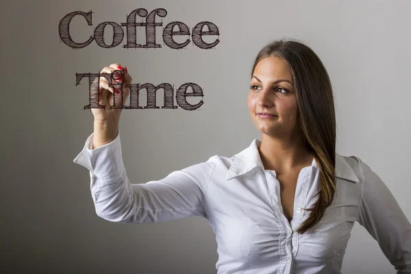 Tempo de café - Menina bonita escrevendo na superfície transparente — Fotografia de Stock